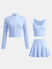 SHEIN Kids Tween Girl Autumn/Winter Fashion Casual Solid Blue Long Sleeve Stand Collar Zip-Up T-Shirt Vest Mini Skort 3 Pieces Set Back To School - Blue - View 6