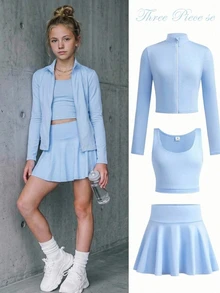 SHEIN Kids Tween Girl Autumn/Winter Fashion Casual Solid Blue Long Sleeve Stand Collar Zip-Up T-Shirt Vest Mini Skort 3 Pieces Set Back To School - Blue - View 8