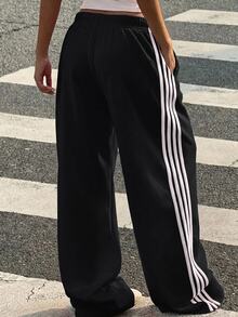 SHEIN Tween Girl Tween Girl Casual Fashion Blue Knit Wide Leg Casual Long Pants - Black - View 2