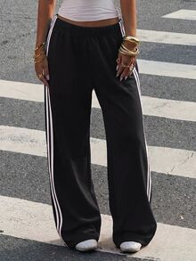 SHEIN Tween Girl Tween Girl Casual Fashion Blue Knit Wide Leg Casual Long Pants - Black - View 4