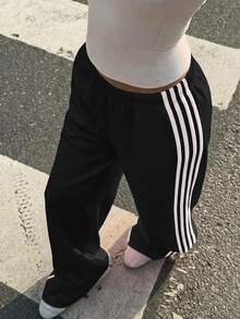 SHEIN Tween Girl Tween Girl Casual Fashion Blue Knit Wide Leg Casual Long Pants - Black - View 5