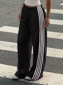 SHEIN Tween Girl Tween Girl Casual Fashion Blue Knit Wide Leg Casual Long Pants - Black - View 3