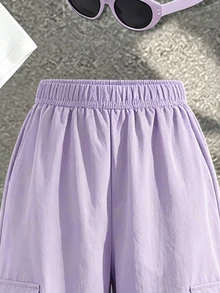 2件組青少年女孩休閒時尚春夏秋T恤與寬腿工裝褲套裝，蝴蝶結櫻桃圖案，亮面櫻桃印花，可愛甜美設計，時尚寬腿褲款 - 彩色 - 查看 5
