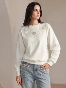 Anewsta 女款 3D 花卉裝飾圓領長袖休閒運動衫 - 白色 - 查看 4