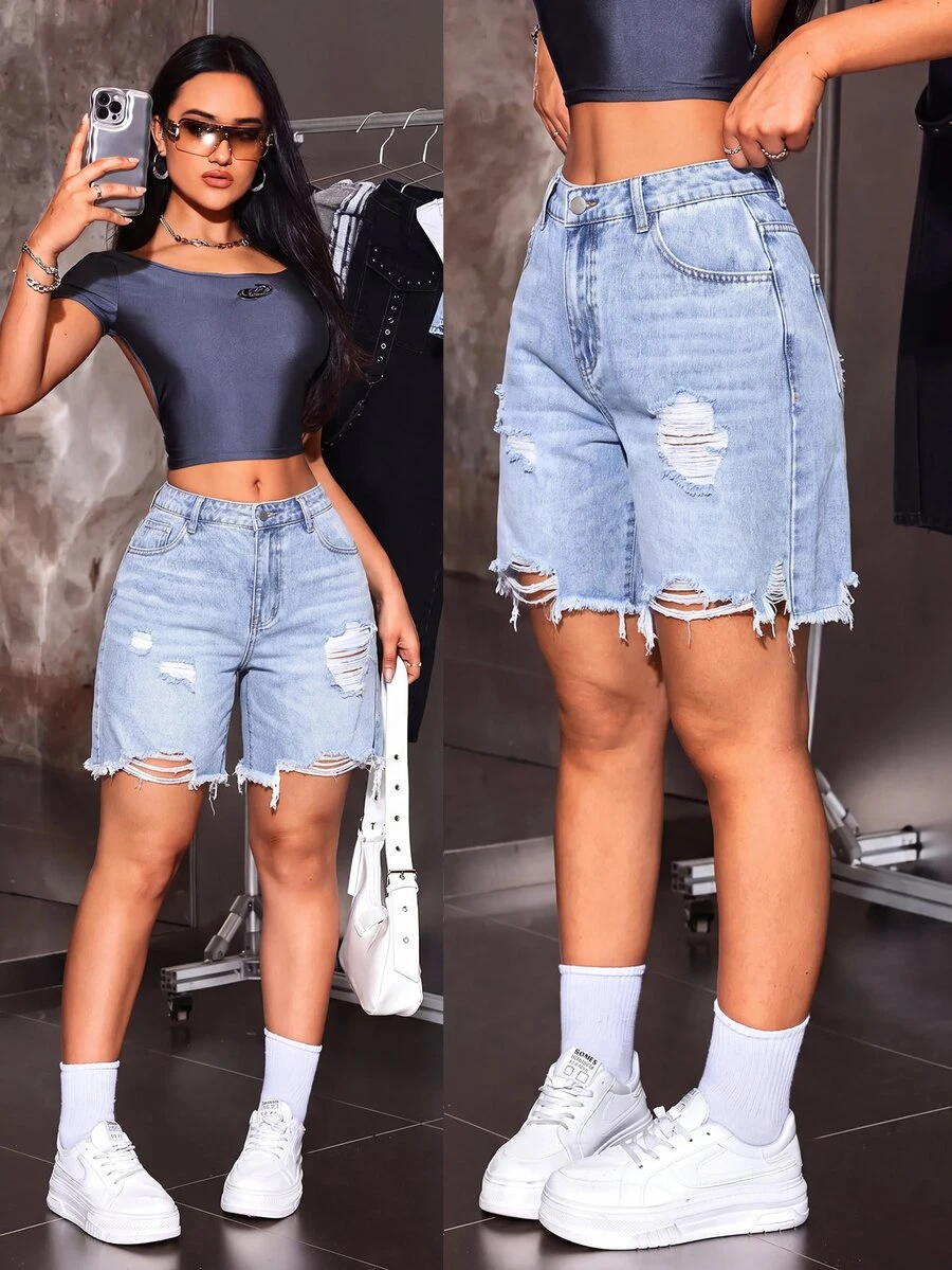 SHEIN ICON 大码女式破洞毛边牛仔短裤 - 藍色 - 查看 1