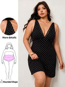 Enliva Plus Size Black And White Lace Patchwork Deep V-Neck Sleeveless Dress For Hourglass Body Shape Evening Wedding Brunch Guest Summer Elegant 1960s - Black - View 2