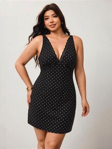 Enliva Plus Size Black And White Lace Patchwork Deep V-Neck Sleeveless Dress For Hourglass Body Shape Evening Wedding Brunch Guest Summer Elegant 1960s - Black - View 5