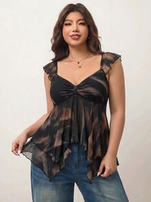 Enliva Áo kiểu nữ cỡ lớn in họa tiết nhuộm tie-dye, vạt áo bất đối xứng cho năm mới 2026, phù hợp với dáng người quả lê và tam giác, áo xuyên thấu gợi cảm, áo kiểu nữ cỡ lớn mỏng manh, thích hợp cho mùa hè. - màu đen - Xem 3