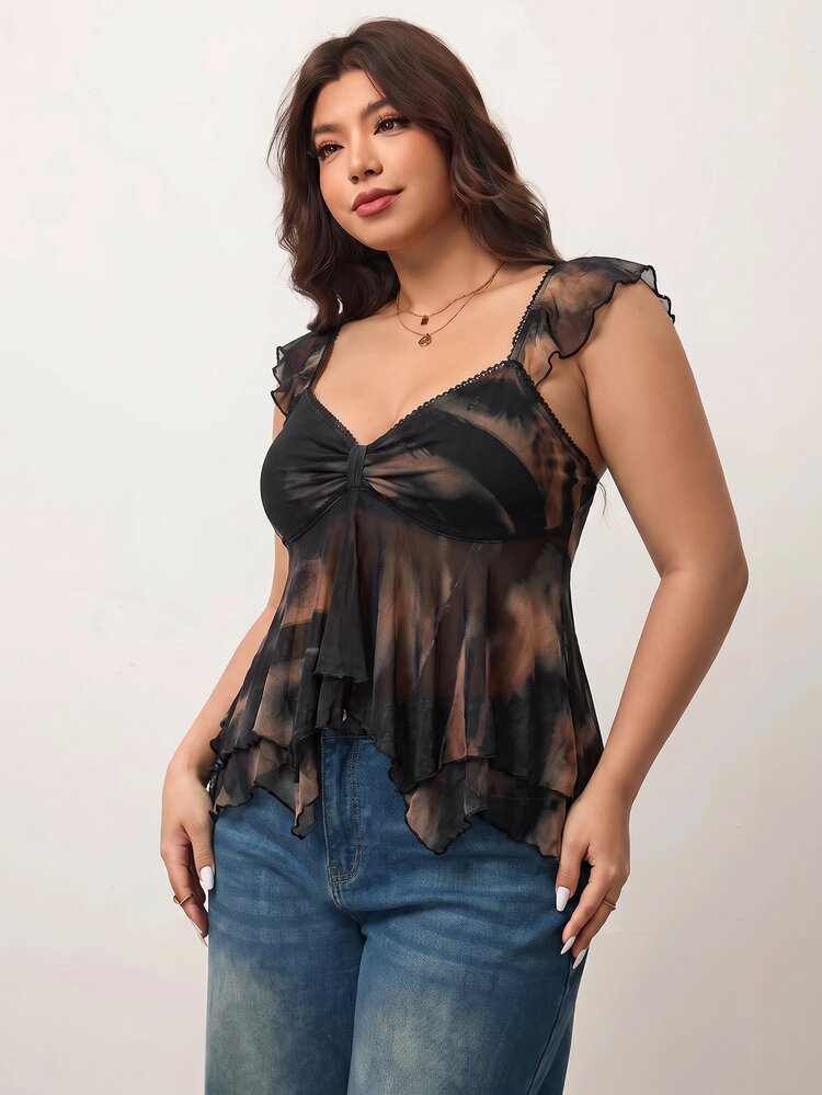 Enliva Plus Size Women Tie Dye Print Asymmetrical Hem Top For 2026 New Year, Pear & Triangle See Through Blouse, Sheer Tops, Summer - Black - View 6