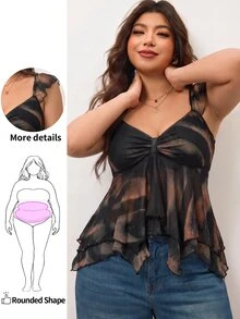 Enliva Áo kiểu nữ cỡ lớn in họa tiết nhuộm tie-dye, vạt áo bất đối xứng cho năm mới 2026, phù hợp với dáng người quả lê và tam giác, áo xuyên thấu gợi cảm, áo kiểu nữ cỡ lớn mỏng manh, thích hợp cho mùa hè. - màu đen - Xem 1
