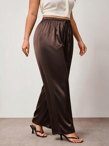 Enliva Plus-Size Women's Wrinkle-Resistant Satin Straight-Leg Loose-Fitting Trousers, Chocolate Brown, Elegant Versatile, Perfect For Summer, Party Dinner - Brown - View 3