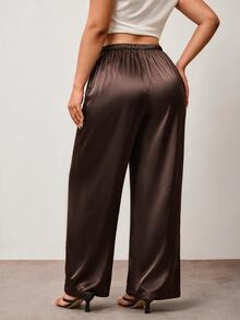 Enliva Plus-Size Women's Wrinkle-Resistant Satin Straight-Leg Loose-Fitting Trousers, Chocolate Brown, Elegant Versatile, Perfect For Summer, Party Dinner - Brown - View 2