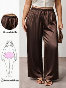 Enliva Plus-Size Women's Wrinkle-Resistant Satin Straight-Leg Loose-Fitting Trousers, Chocolate Brown, Elegant Versatile, Perfect For Summer, Party Dinner - Brown - View 1
