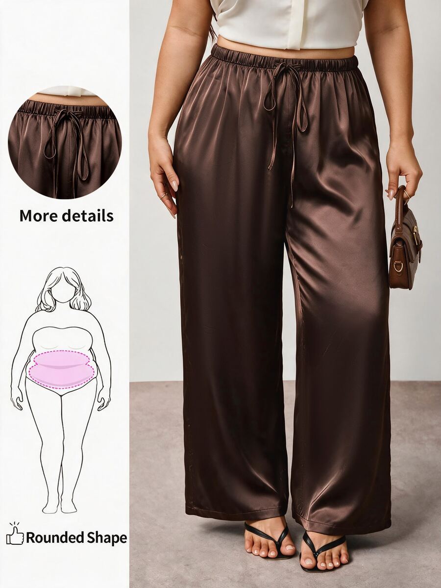 Enliva Plus-Size Women's Wrinkle-Resistant Satin Straight-Leg Loose-Fitting Trousers, Chocolate Brown, Elegant Versatile, Perfect For Summer, Party Dinner - Brown - View 1