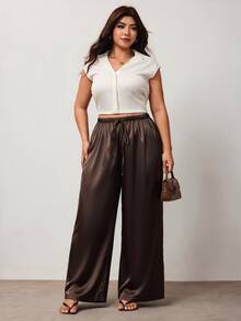 Enliva Plus-Size Women's Wrinkle-Resistant Satin Straight-Leg Loose-Fitting Trousers, Chocolate Brown, Elegant Versatile, Perfect For Summer, Party Dinner - Brown - View 5