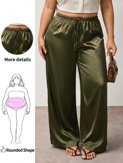 Enliva Plus Size Women Wrinkle-Resistant Satin Straight Leg Loose Pants, Suitable For Valentine's Day, For Hourglass Body Shape