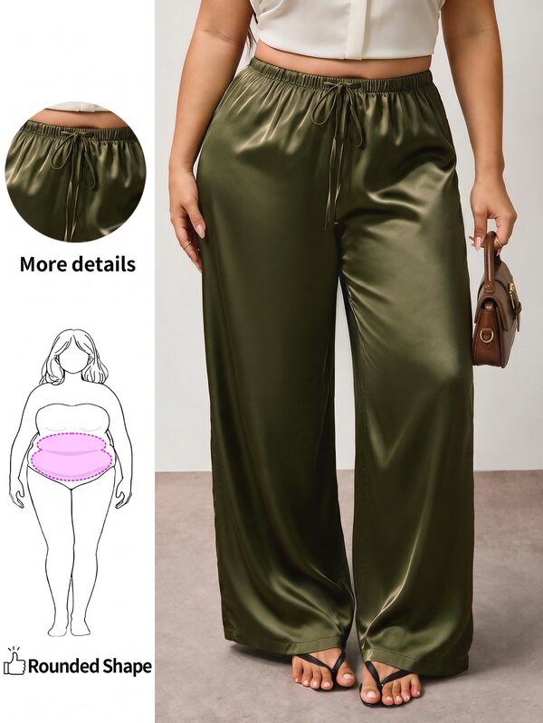Enliva Plus Size Women Wrinkle-Resistant Satin Straight Leg Loose Pants, Suitable For Valentine's Day, For Hourglass Body Shape