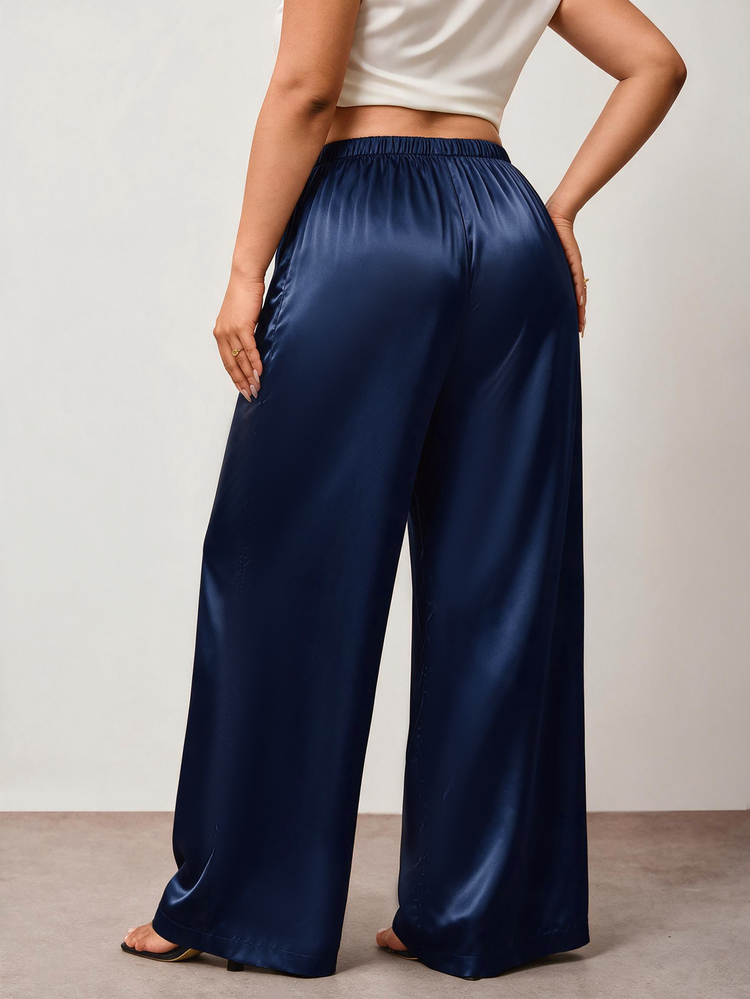 Enliva Plus Size Wrinkle-Resistant Satin Straight Leg Loose Pants, Suitable For Valentine's Day, For Hourglass Body Shape Evening Navy Blue Summer Elegant - Navy Blue - View 2