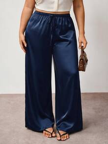 Enliva Plus Size Wrinkle-Resistant Satin Straight Leg Loose Pants, Suitable For Valentine's Day, For Hourglass Body Shape Evening Navy Blue Summer Elegant - Navy Blue - View 4