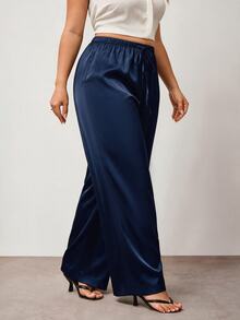 Enliva Plus Size Wrinkle-Resistant Satin Straight Leg Loose Pants, Suitable For Valentine's Day, For Hourglass Body Shape Evening Navy Blue Summer Elegant - Navy Blue - View 3