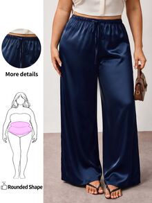 Enliva Plus Size Wrinkle-Resistant Satin Straight Leg Loose Pants, Suitable For Valentine's Day, For Hourglass Body Shape Evening Navy Blue Summer Elegant - Navy Blue - View 1
