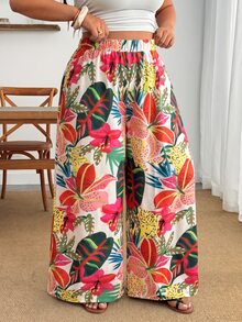 Enliva 大尺碼米色波希米亞風熱帶寬腿長褲，適合夏季海灘度假與輕鬆熱帶之旅 - 彩色 - 查看 5