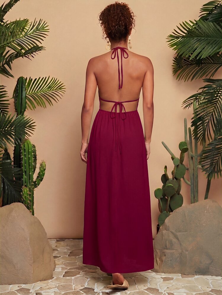Travachic Tie Backless Split Thigh Halter Dress - Redwood - View 2