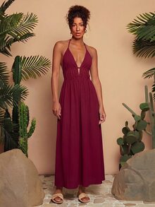 Travachic Tie Backless Split Thigh Halter Dress - Redwood - View 5