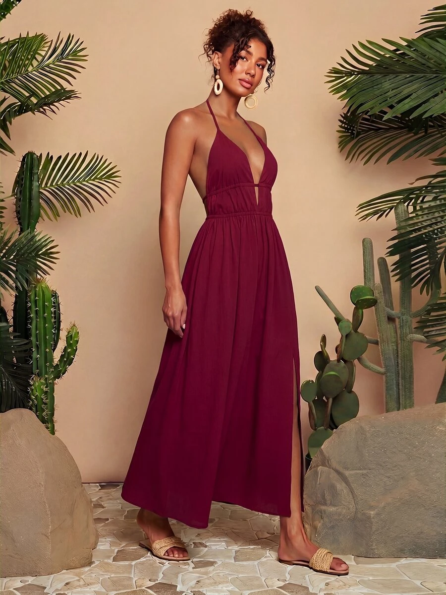 Travachic Tie Backless Split Thigh Halter Dress - Redwood - View 1