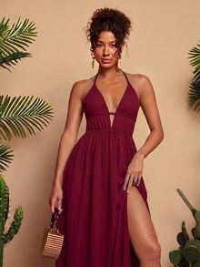 Travachic Tie Backless Split Thigh Halter Dress - Redwood - View 3