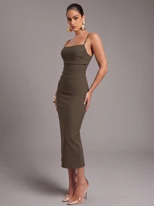 Silquee Women's Solid Color Pleated Fitted Elegant Spaghetti Strap Dress - Chocolate Brown - View 6