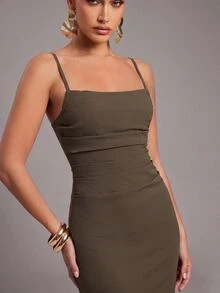 Silquee Women's Solid Color Pleated Fitted Elegant Spaghetti Strap Dress - Chocolate Brown - View 5