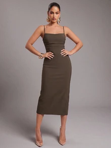 Silquee Women's Solid Color Pleated Fitted Elegant Spaghetti Strap Dress - Chocolate Brown - View 3