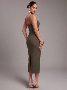 Silquee Women's Solid Color Pleated Fitted Elegant Spaghetti Strap Dress - Chocolate Brown - View 2