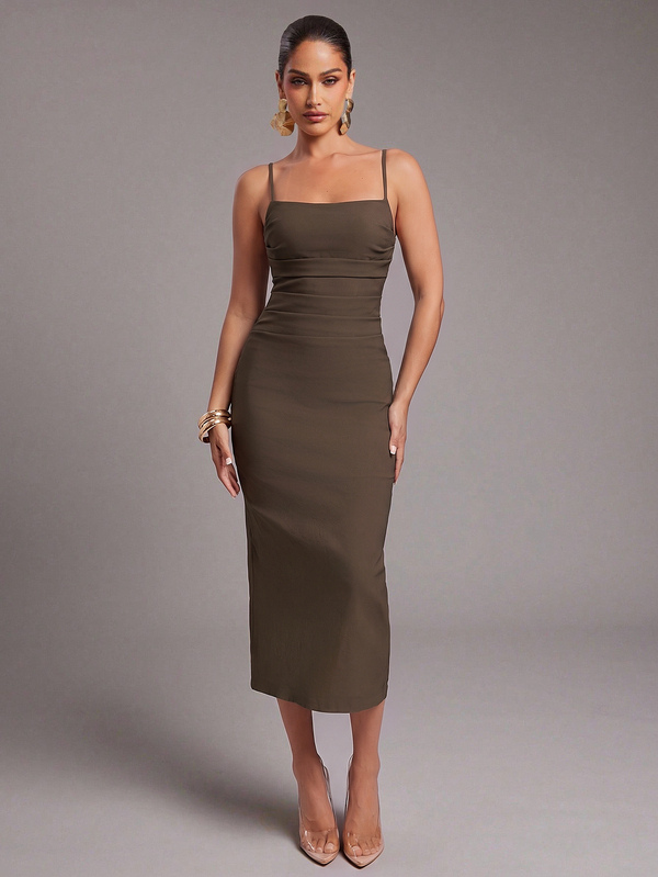 Silquee Women's Solid Color Pleated Fitted Elegant Spaghetti Strap Dress