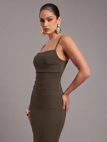 Silquee Women's Solid Color Pleated Fitted Elegant Spaghetti Strap Dress - Chocolate Brown - View 7
