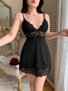 SHEIN Women's Sexy Lace Camisole Nightgown - Black - View 5