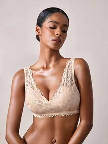 Veilyse 1pc Women's Casual Embroidered Lace Deep V Wireless Seamless Supportive Breathable Bra - Apricot - View 7