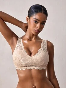 Veilyse 1pc Women's Casual Embroidered Lace Deep V Wireless Seamless Supportive Breathable Bra - Apricot - View 8