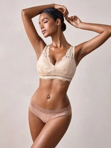 Veilyse 1pc Women's Casual Embroidered Lace Deep V Wireless Seamless Supportive Breathable Bra - Apricot - View 5