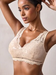 Veilyse 1pc Women's Casual Embroidered Lace Deep V Wireless Seamless Supportive Breathable Bra - Apricot - View 9