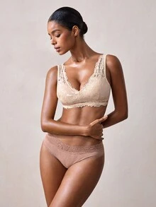 Veilyse 1pc Women's Casual Embroidered Lace Deep V Wireless Seamless Supportive Breathable Bra - Apricot - View 6