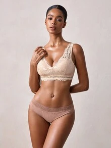 Veilyse 1pc Women's Casual Embroidered Lace Deep V Wireless Seamless Supportive Breathable Bra - Apricot - View 4