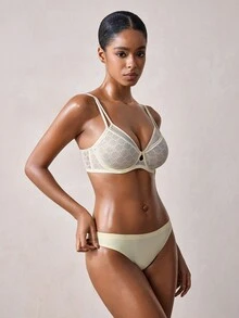 Veilyse Women's Balconette Lace Unlined Fake Two-Piece Thin Printed Sheer Non-Padded Lingerie - Apricot - View 5