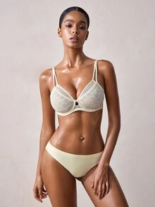 Veilyse Women's Balconette Lace Unlined Fake Two-Piece Thin Printed Sheer Non-Padded Lingerie - Apricot - View 1
