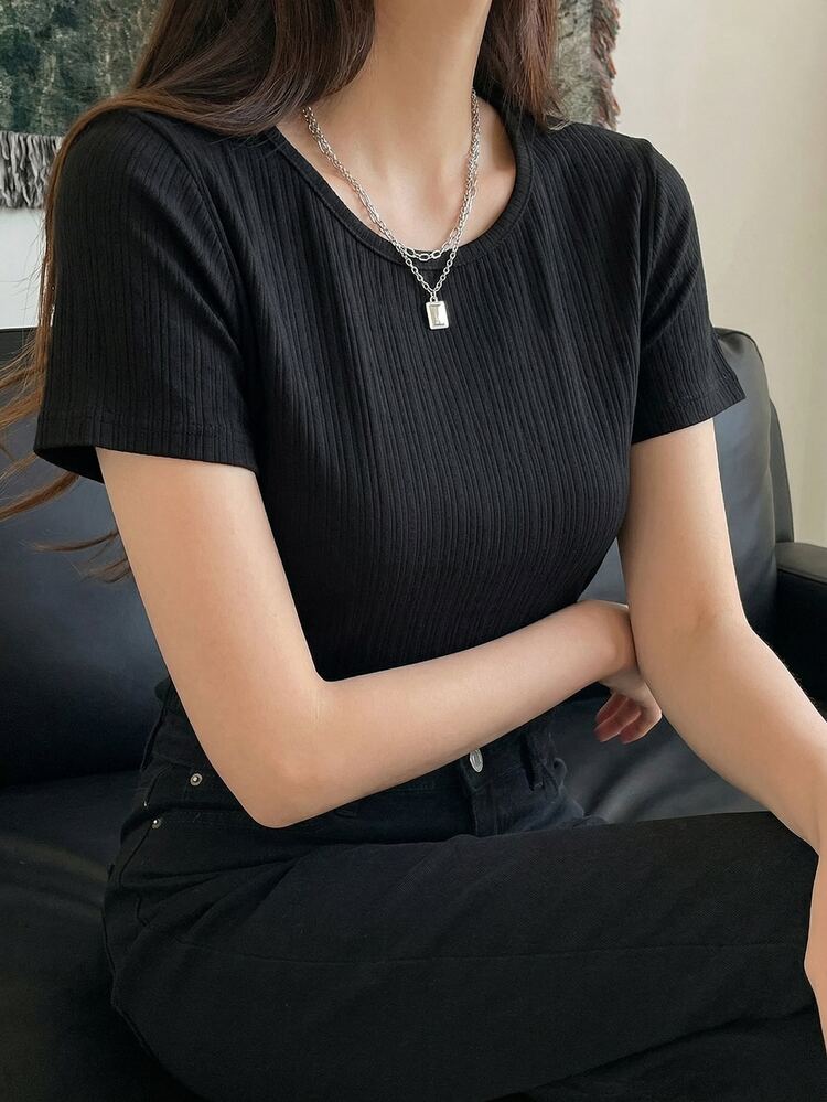 DAZY Plain Round Neck Short Sleeve Textured Fabric Casual Daily T-Shirt, Summer - Black - View 1