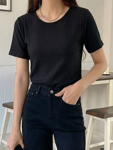 DAZY 纯色圆领短袖纹理面料休闲日常T恤，夏季 - 黑色 - 查看 6