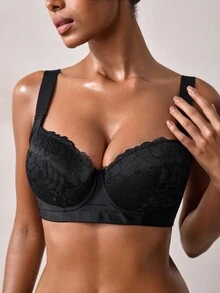 Veilyse Black Lace Comfortable Pleated Versatile Women's Bra With Wide Straps, Suitable For All Seasons - Black - View 8