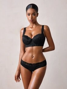 Veilyse Black Lace Comfortable Pleated Versatile Women's Bra With Wide Straps, Suitable For All Seasons - Black - View 6