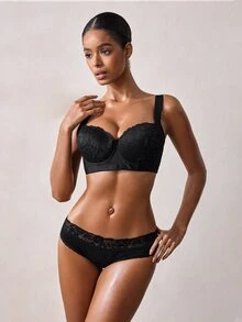 Veilyse Black Lace Comfortable Pleated Versatile Women's Bra With Wide Straps, Suitable For All Seasons - Black - View 4